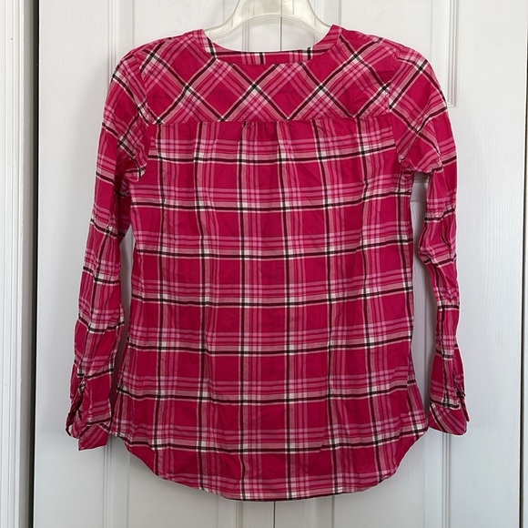 Women’s Talbots sz S pink white burgundy plaid tunic. 5 buttons long sleeve - Picture 6 of 6